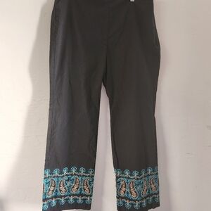 Karen‎ Kane Black Aqua Blue Pants 14 Embroidered Paisley Stretchy Side Zip Boho